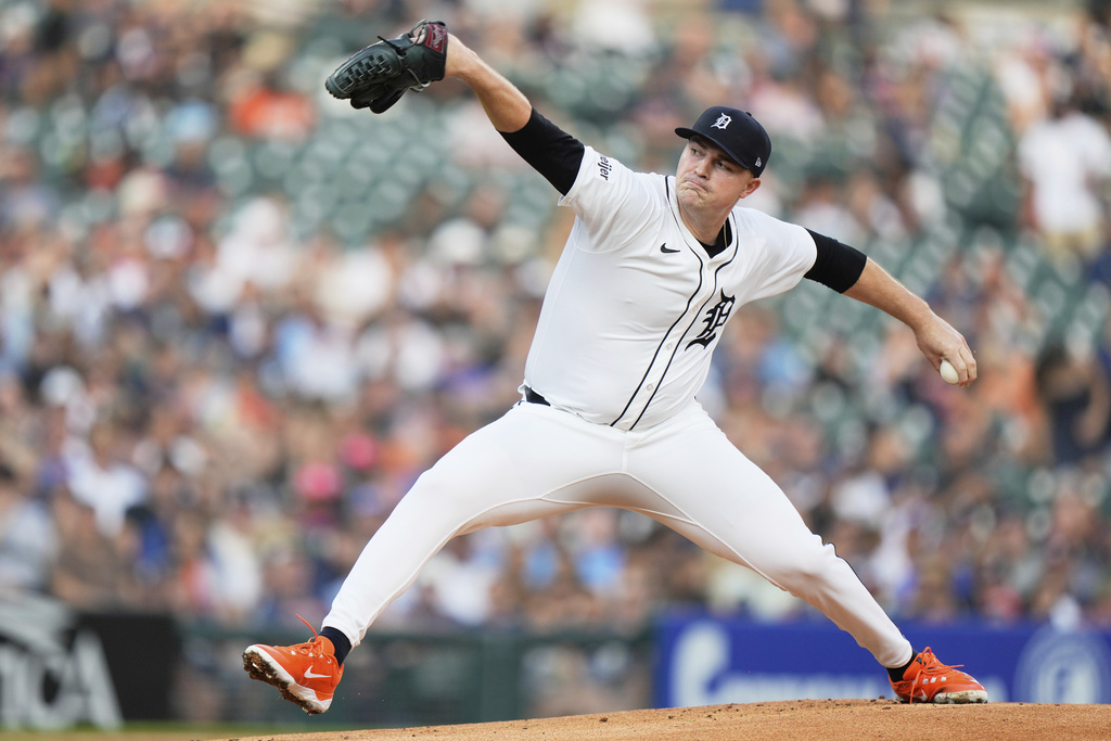 Detroit Tigers starting pitcher Tarik Skubal throws during the first inning of a baseball game against the Houston Astros, Tuesday, Aug. 19, 2025, in Detroit. (AP Photo/Ryan Sun)