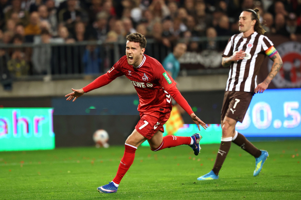 FC Köln's Luca Waldschmidt celebrates after scoring a goal during the Bundesliga soccer match between FC St. Pauli and 1. FC Köln, Friday, April 17, 2026, in Hamburg, Germany. (Christian Charisius/dpa via AP)