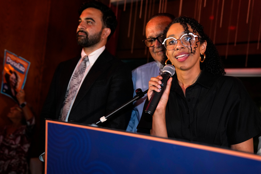 Democratic congressional candidate Darializa Avila Chevalier speaks to her supporters during an election night watch party Tuesday, June 23, 2026, in New York. (AP Photo/Seth Wenig)