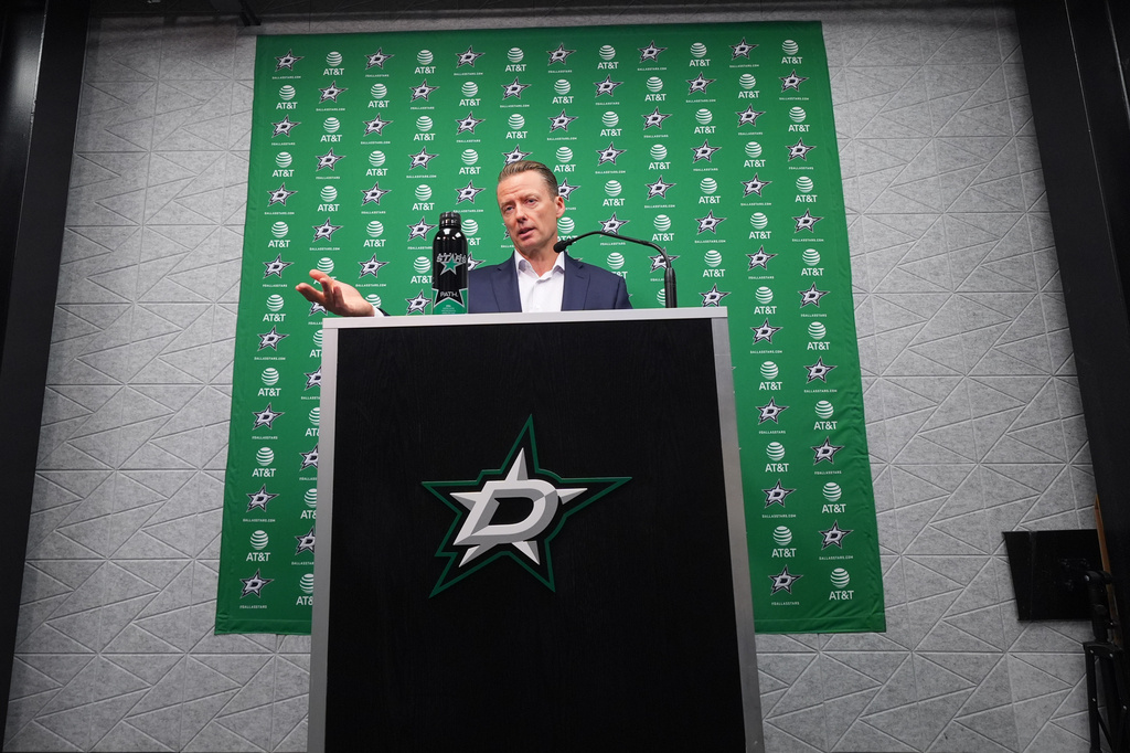 Dallas Stars head coach Glen Gulutzan speaks during media availability Monday, May 4, 2026, in Frisco, Texas. (AP Photo/LM Otero)