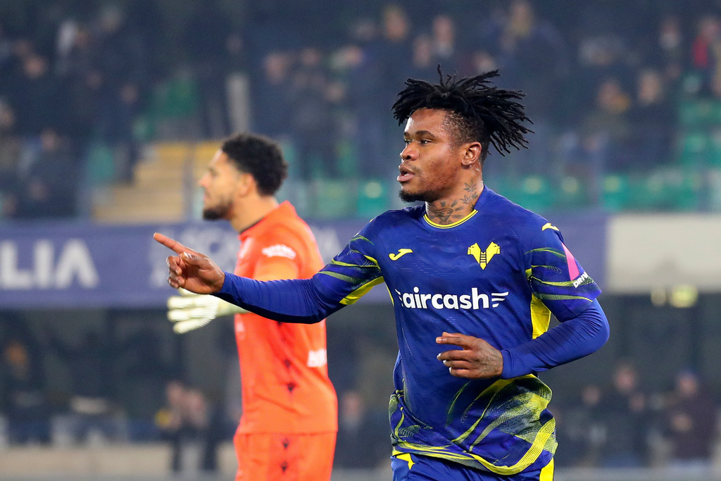 Verona's Gift Orban celebrates scoring during the Serie A soccer match between Hellas Verona and Udinese in Verona, Italy, Monday Jan. 26, 2026. (Paola Garbuio/LaPresse via AP)