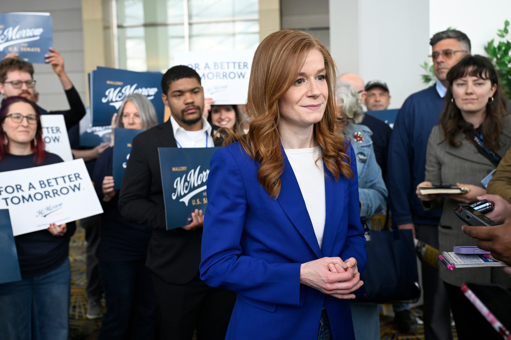 Michigan State Sen. Mallory McMorrow, D-Royal Oak, a candidate for the U.S. Senate, listens to questions from the media during the Michigan Democratic Party State Endorsement Convention, Sunday, April 19, 2026, in Detroit. (AP Photo/Jose Juarez)