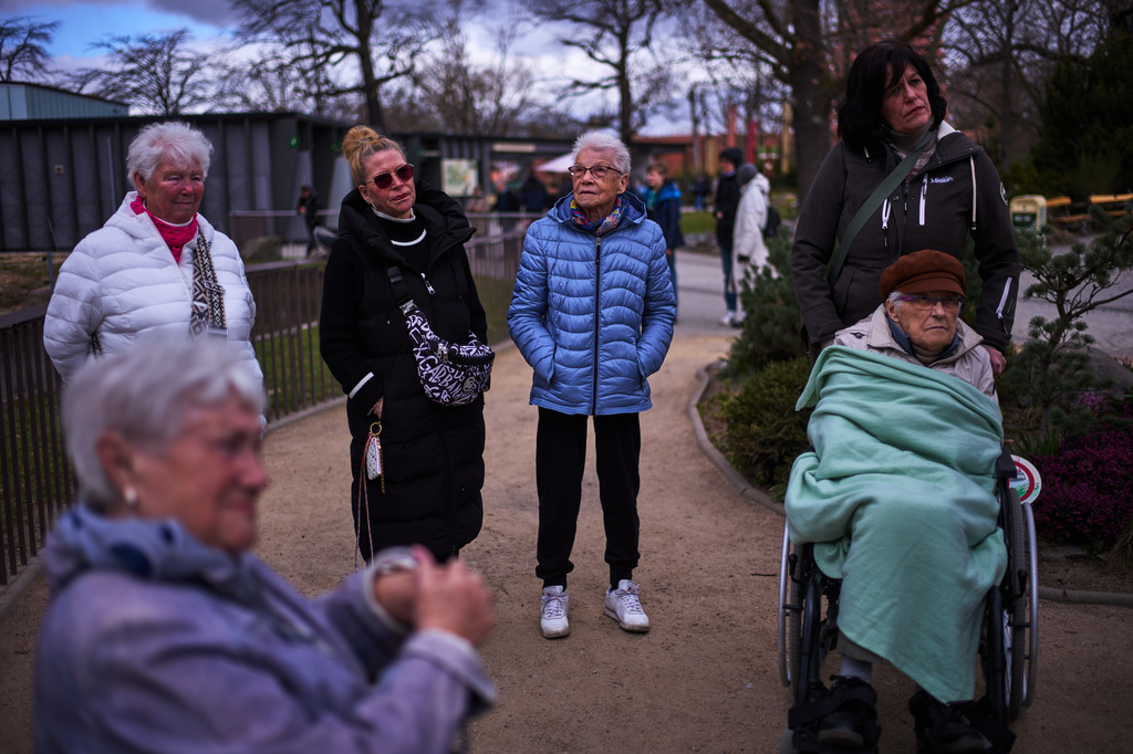 Christel Krueger, center right, attends a guided tour for people with dementia organized by Malteser Deutschland, part of the international Catholic aid organization Malteser Order of Malta, at the Zoo in Berlin, Germany, Thursday, March 26, 2026. (AP Photo/Markus Schreiber)