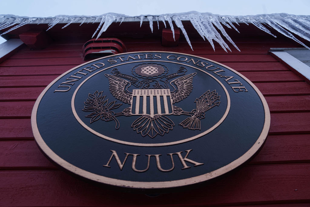 Icicles hang from the roof of the US consulate in Nuuk, Greenland, on Friday, Jan. 16, 2026. (AP Photo/Evgeniy Maloletka)