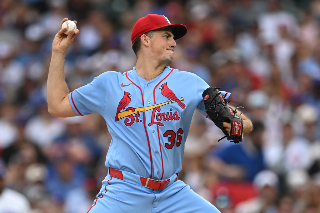 St. Louis Cardinals starter Michael McGreevy delivers a pitch during the first inning of a baseball game against the Chicago Cubs in Chicago, Saturday, Aug. 15, 2026. (AP Photo/Paul Beaty)