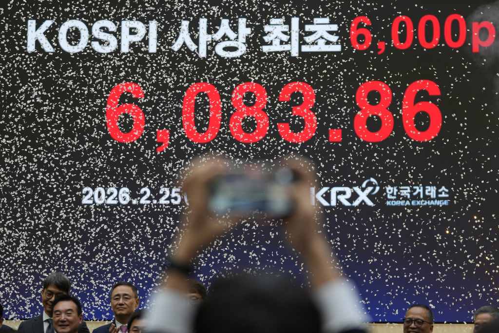 A screen shows the Korea Composite Stock Price Index (KOSPI) of over 6,000 points during a ceremony at the Korea Exchange in Seoul, South Korea, Wednesday, Feb. 25, 2026. (AP Photo/Lee Jin-man)