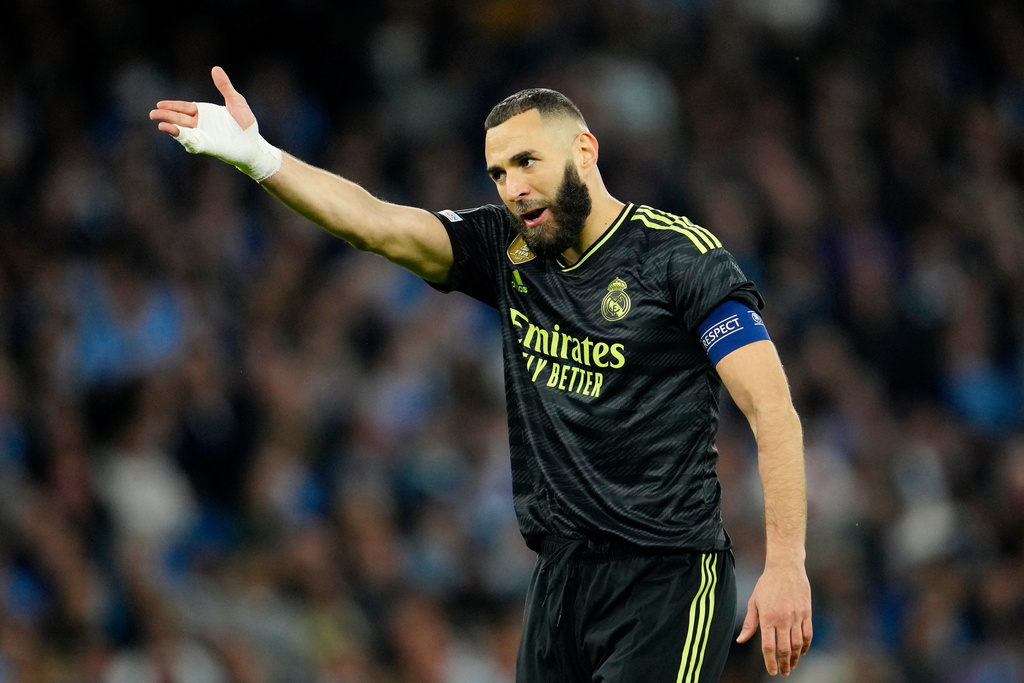 FILE - Real Madrid's Karim Benzema gestures during the Champions League semifinal second leg soccer match between Manchester City and Real Madrid at Etihad stadium in Manchester, England, May 17, 2023. (AP Photo/Jon Super, File)
