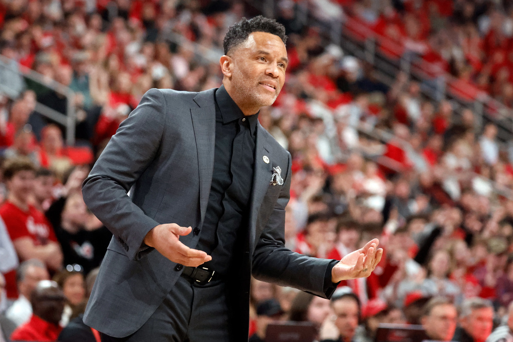 Georgia Tech head coach Damon Stoudamire instructs from the sideline during the first half of an NCAA college basketball game against North Carolina State in Raleigh, N.C., Saturday, Jan. 17, 2026. (AP Photo/Karl DeBlaker)