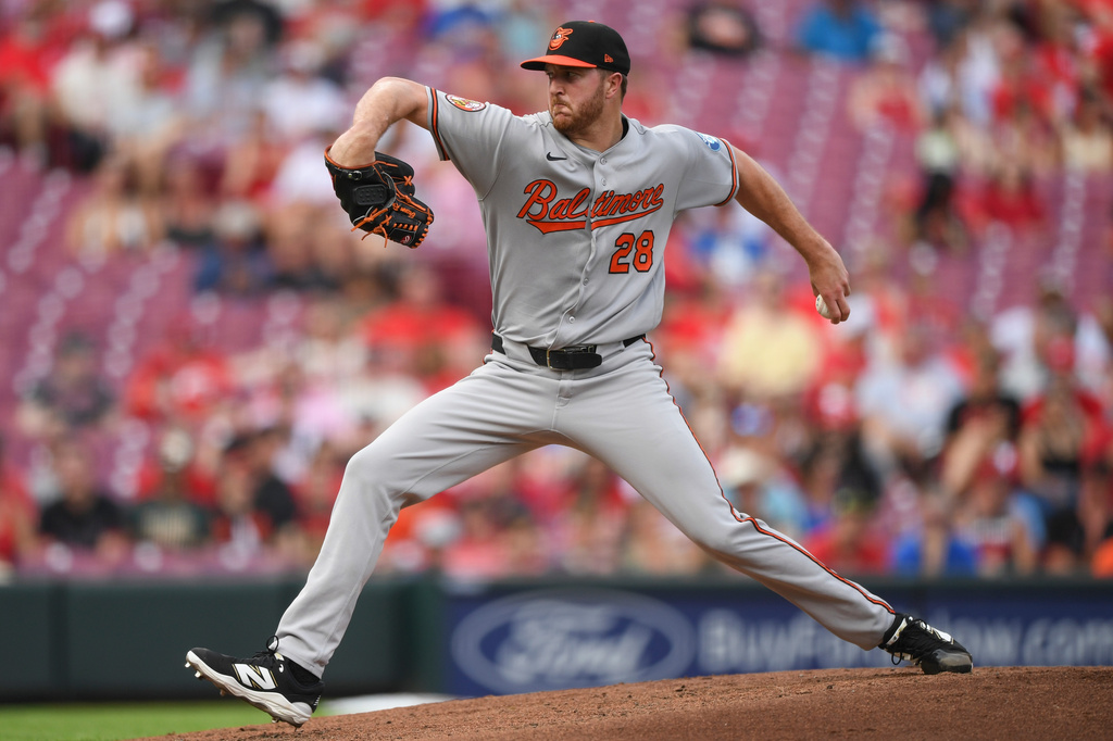 Baltimore Orioles pitcher Trevor Rogers throws during the third inning of a baseball game against the Cincinnati Reds in Cincinnati, Friday, July 3, 2026. (AP Photo/Tanner Pearson)