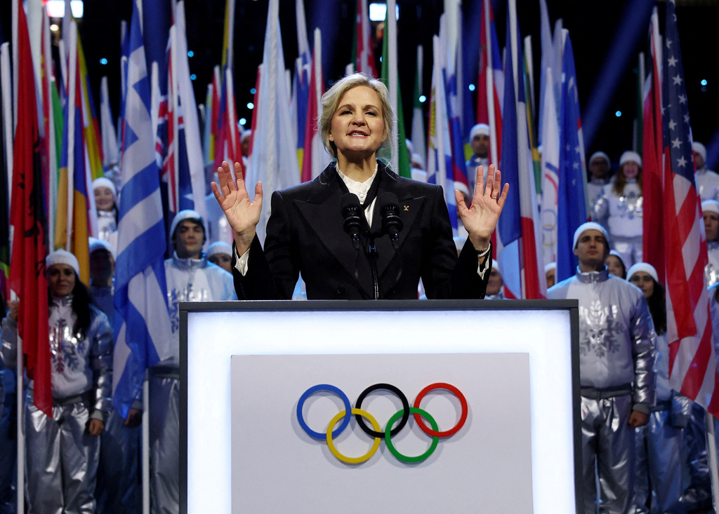 FILE - IOC President Kirsty Coventry speaks during the Olympic opening ceremony at the 2026 Winter Olympics, in Milan, Italy, Friday, Feb. 6, 2026. (Yves Herman/Pool Photo via AP, File)