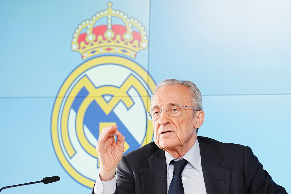 Real Madrid president Florentino Perez gestures during a press conference in Madrid, Tuesday, May 12, 2026. (AP Photo/Bernat Armangue)