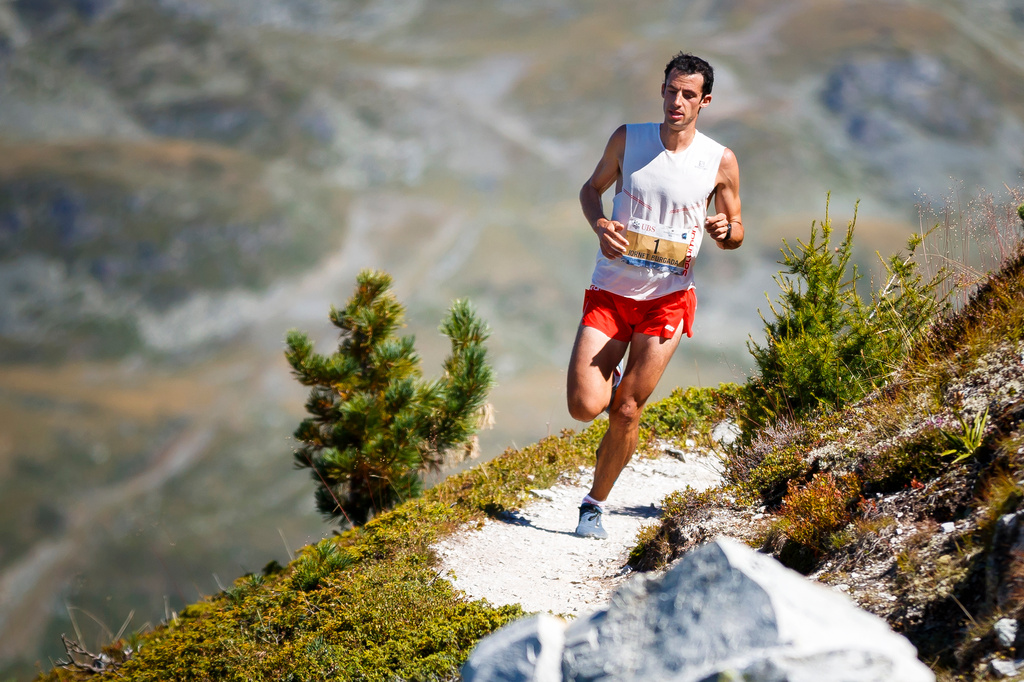 FILE - Kilian Jornet of Spain runs to win the 45th Sierre-Zinal long distance mountain race in Saint-Luc, Switzerland, Sunday, Aug. 12, 2018. (Valentin Flauraud/Keystone via AP,File)
