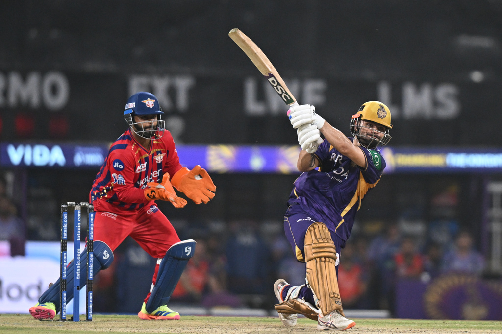 Kolkata Knight Riders' Rinku Singh plays a shot during the Indian Premier League cricket match between Kolkata Knight Riders and Lucknow Super Giants in Lucknow, India, Sunday, April 26, 2026.(AP Photo)