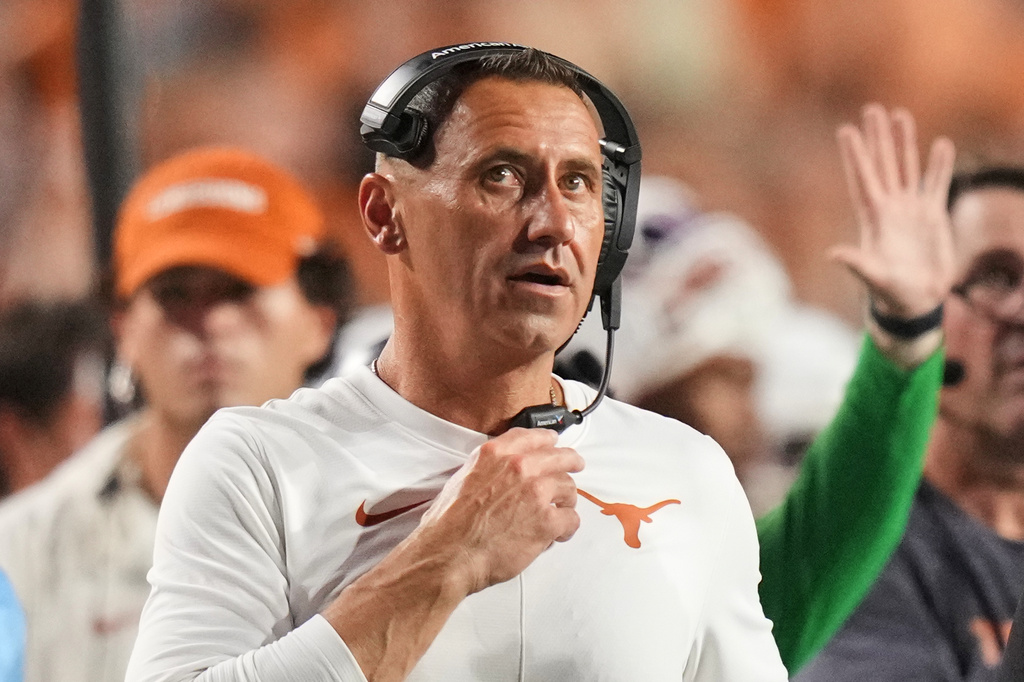 Texas head coach Steve Sarkisian watches play during the second half of an NCAA college football game against UTSA in Austin, Texas, Saturday, Sept. 19, 2026. (AP Photo/Eric Gay)