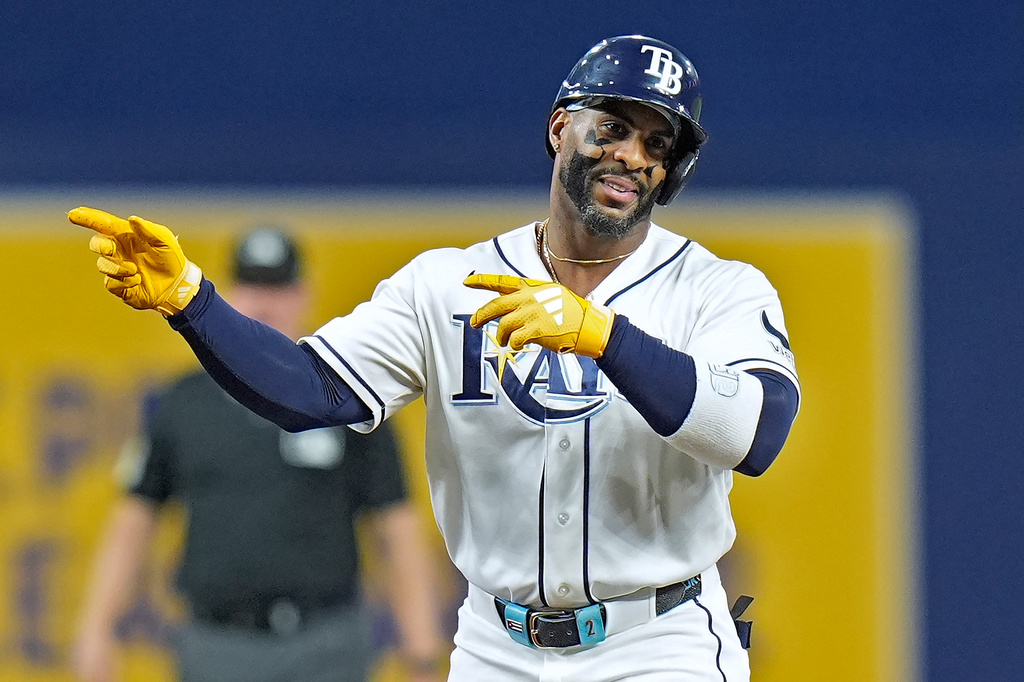 Tampa Bay Rays' Yandy Díaz reacts after hitting a double off Baltimore Orioles pitcher Trevor Rogers during the first inning of a baseball game Monday, May 18, 2026, in St. Petersburg, Fla. (AP Photo/Chris O'Meara)