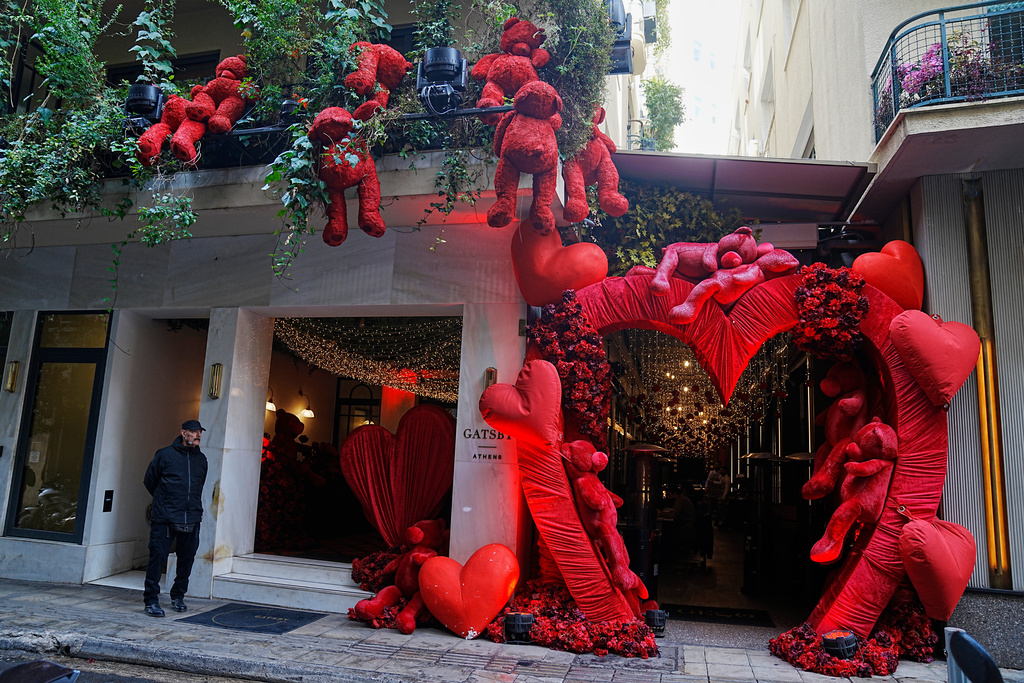 Decorations adorn the hotel in Athens, Monday, Feb. 16, 2026, where Israeli television producer Dana Eden was found dead on Sunday while in the country filming the fourth season of the series "Tehran." (AP Photo/Petros Giannakouris)