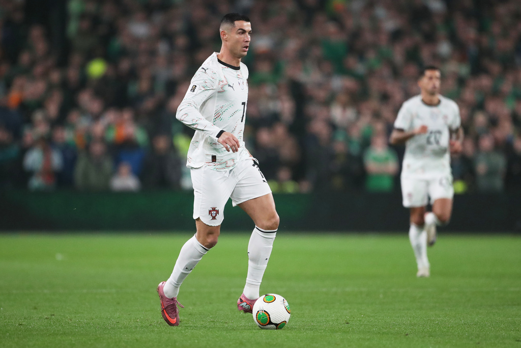 FILE - Portugal's Cristiano Ronaldo controls the ball during a World Cup 2026 group F qualifying soccer match between Ireland and Portugal in Dublin, Thursday, Nov. 13, 2025. (AP Photo/Peter Morrison, File)