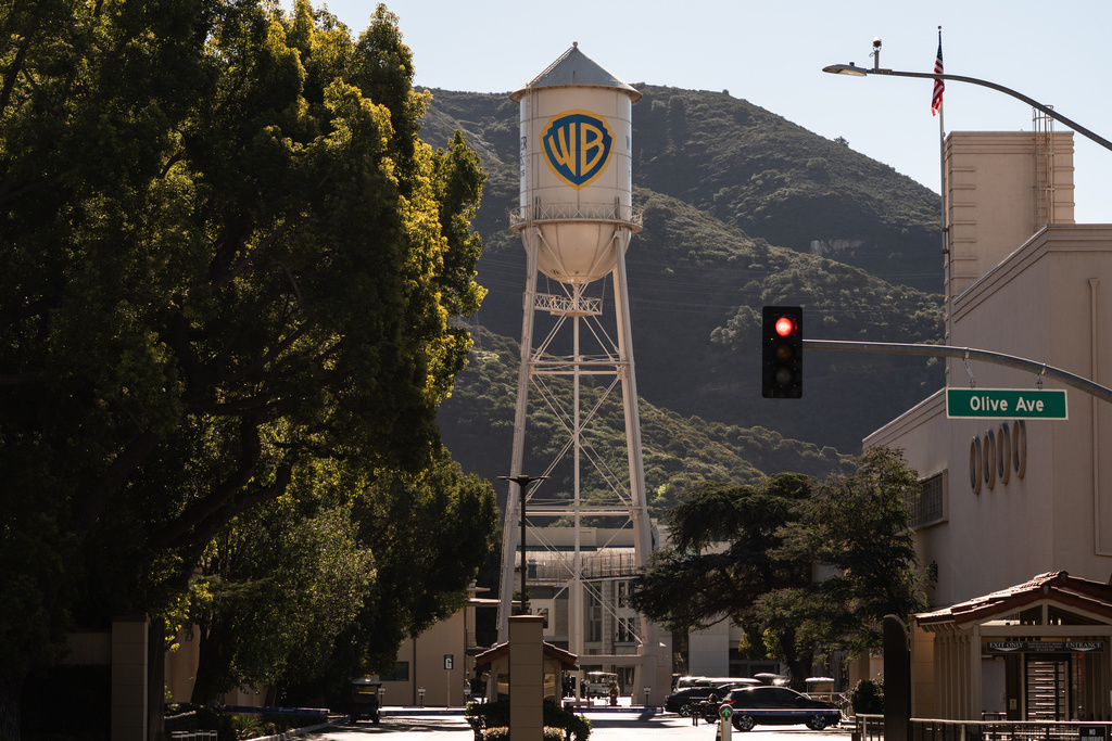 FILE - The Warner Bros. water tower is seen at Warner Bros. Studios in Burbank, Calif., Friday, Dec. 5, 2025. (AP Photo/Jae C. Hong, File)