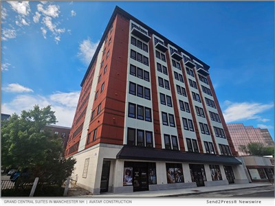 IMAGE CAPTION: Grand Central Suites in Manchester NH - A recently completed 77-unit luxury apartment building designed and built by Avatar Construction Watertown MA | Avatar Construction, the Watertown, Massachusetts based design-build firm known for its integrated approach to commercial and multi-family development, today announced the successful completion and grand opening of Grand Central Suites, a 77-unit luxury apartment community at 21 Central Street in downtown Manchester, New Hampshire.