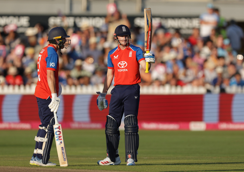 England's Harry Brook celebrates reaching 50 runs during the fourth Vitality IT20 match against India at the Seat Unique Stadium in Bristol, England, on Thursday July 9, 2026. (Steven Paston/PA via AP)