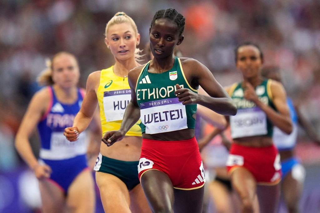 FILE - Diribe Welteji, of Ethiopia, wins her women's 1500-meters semifinal at the 2024 Summer Olympics, Aug. 8, 2024, in Saint-Denis, France. (AP Photo/Petr David Josek, File)