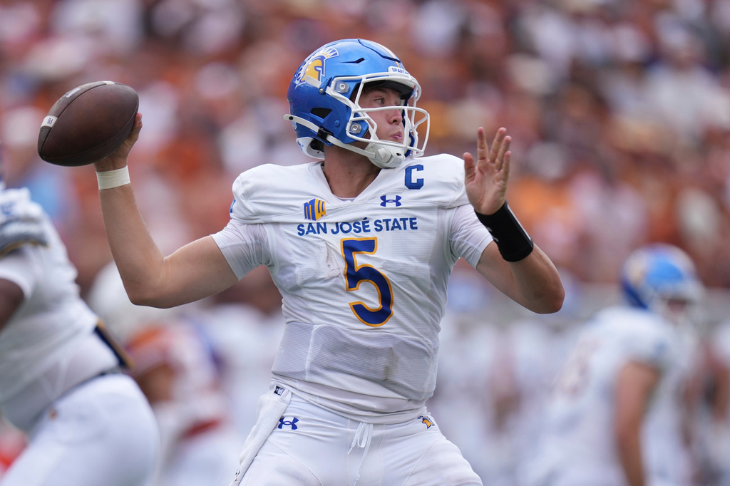 FILE - San Jose State quarterback Walker Eget throws against Texas during the second half of an NCAA college football game in Austin, Texas, Sept. 6, 2025. (AP Photo/Eric Gay, File)