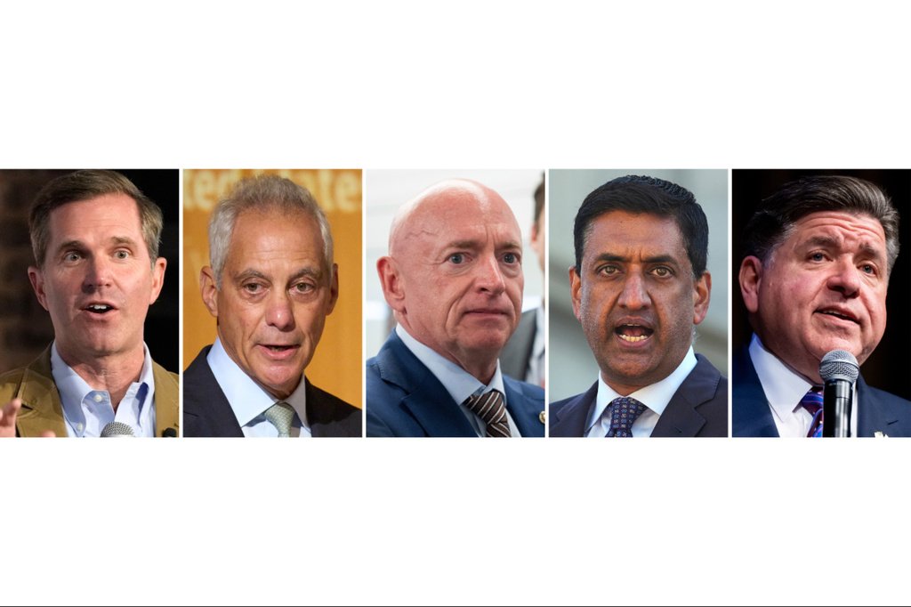 This combination photo shows Kentucky Gov. Andy Beshear, from left, Rahm Emanuel, Sen. Mark Kelly, D-Ariz., Rep. Ro Khanna, D-Calif., and Illinois Gov. J.B. Pritzker. (AP Photo)