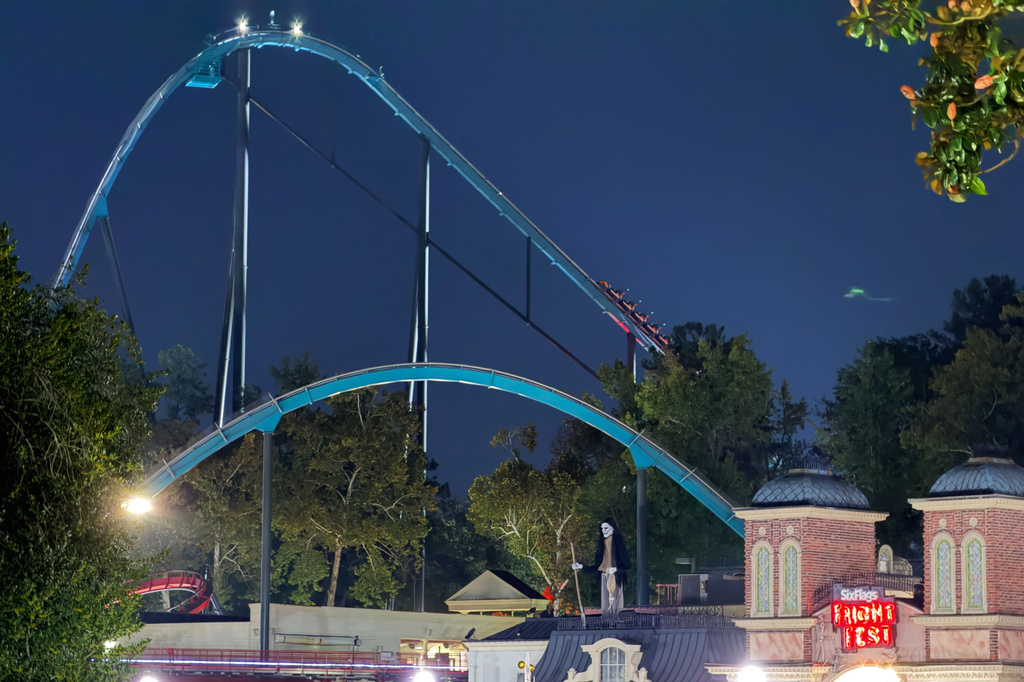 A roller coaster is shown at Six Flags over Georgia on Monday, Oct. 12, 2026 in Austell, Ga. (AP Photo/Emilie Megnien)