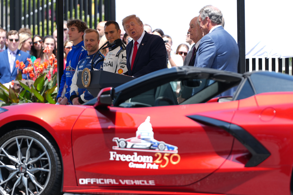 President Donald Trump speaks at an event to promote the Freedom 250 Grand Prix IndyCar race in August, Monday, July 13, 2026, on West Executive Drive at the White House in Washington. (AP Photo/Julia Demaree Nikhinson)