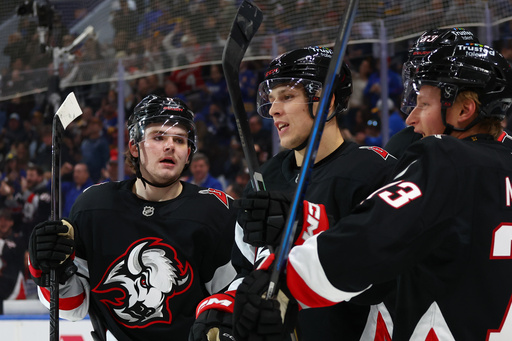 Buffalo Sabres center Jiri Kulich, center, celebrates after his goal with left wing Zach Benson, left, and defenseman Zach Metsa, right, during the first period of an NHL hockey game against the Toronto Maple Leafs, Friday, Oct. 24, 2025, in Buffalo, N.Y. (AP Photo/Jeffrey T. Barnes) Buffalo Sabres center Jiri Kulich, center, celebrates after his goal with left wing Zach Benson, left, and defenseman Zach Metsa, right, during the first period of an NHL hockey game against the Toronto Maple Leafs, Friday, Oct. 24, 2025, in Buffalo, N.Y. (AP Photo/Jeffrey T. Barnes)