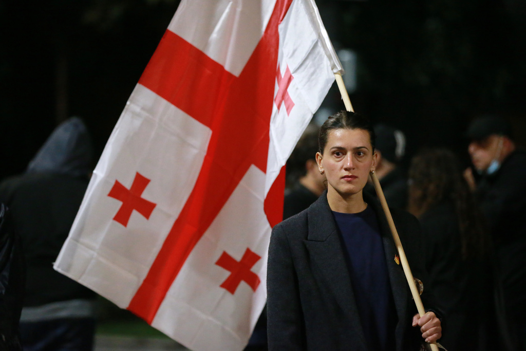 Ketuna Kerashvili attends a protest in Tbilisi, Georgia, Wednesday, Oct. 1, 2025, to denounce the government's anti-European Union stance and call for the release of those detained as part of a crackdown on political opponents ahead of municipal elections. (AP Photo/Zurab Tsertsvadze)