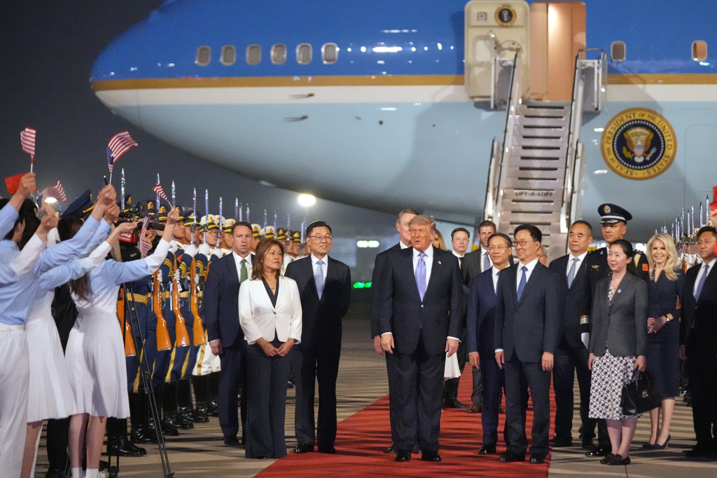 President Donald Trump arrives on Air Force One, Wednesday, May 13, 2026, at Beijing Capital International Airport in Beijing. (AP Photo/Mark Schiefelbein)