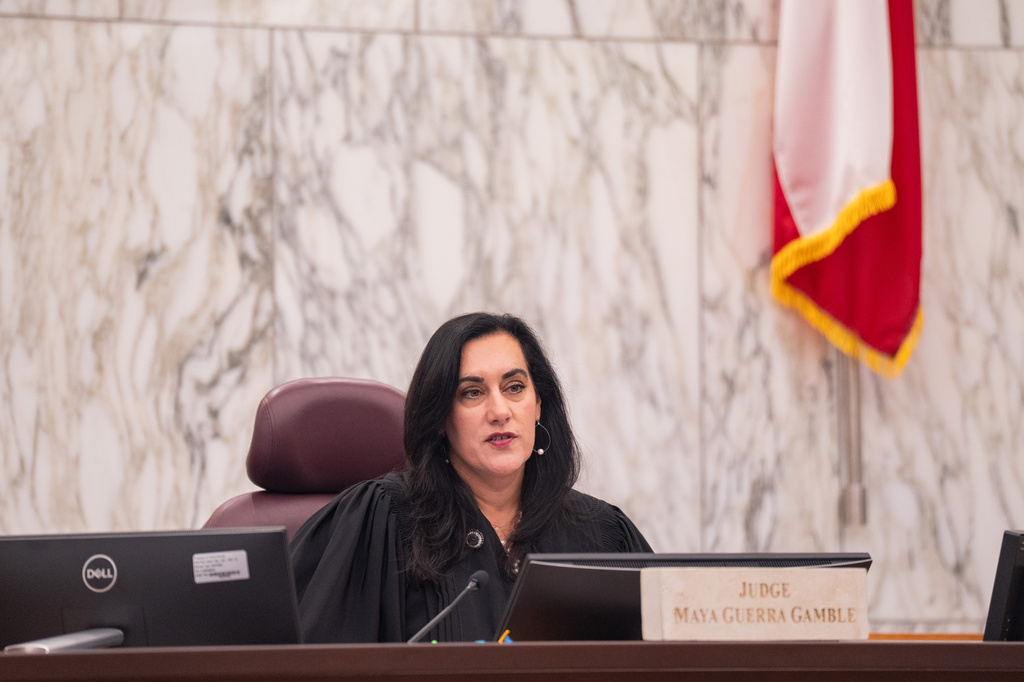 Judge Maya Guerra Gamble resides over a hearing on the proposed licensing agreement for The Onion to take control over Alex Jones' Infowars at the Travis County District Court in Austin, Thursday, April 30, 2026. (Mikala Compton/Austin American-Statesman via AP)
