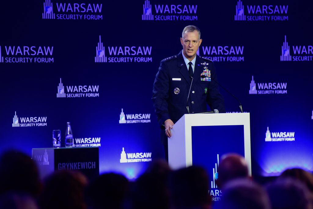 Air Force Gen. Alexus G. Grynkewich, commander of the United States European Command and Supreme Allied Commander Europe, speaks at the Warsaw Security Forum in Warsaw, Poland, Monday, Oct. 12, 2026. (AP Photo/Attila Husejnow)