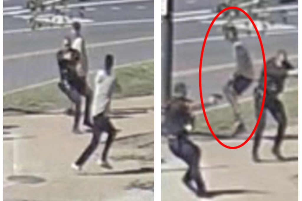 This combination of images provided by the Justice Department, and annotated by the source, in the statement of facts supporting the arrest warrant for Michael Marx, shows Marx firing toward a U.S. Secret Service agent and then a bystander being injured near the Washington Monument, Monday, May 4, 2026 in Washington. (Justice Department via AP)