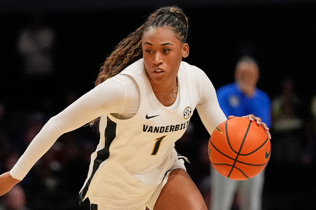 FILE - Vanderbilt guard Mikayla Blakes (1) drives during the second half of an NCAA college basketball game against Kentucky, Sunday, Feb. 22, 2026, in Nashville, Tenn. (AP Photo/George Walker IV, File)