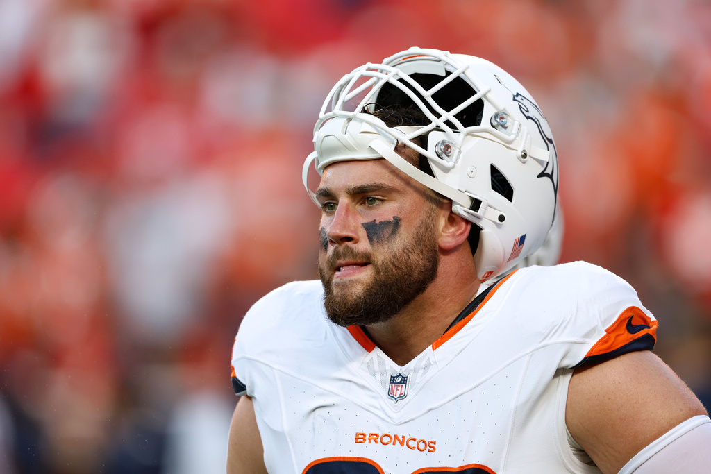 Denver Broncos defensive end Zach Allen looks on prior to an NFL football game against the Kansas City Chiefs, Monday, Sept. 14, 2026, in Kansas City, Mo. (AP Photo/Colin E. Braley)