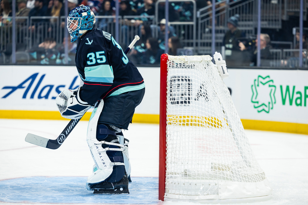 Seattle Kraken goaltender Joey Daccord plays during the first period an NHL hockey game against the Edmonton Oilers, Saturday, Nov. 29, 2025, in Seattle. (AP Photo/Maddy Grassy)
