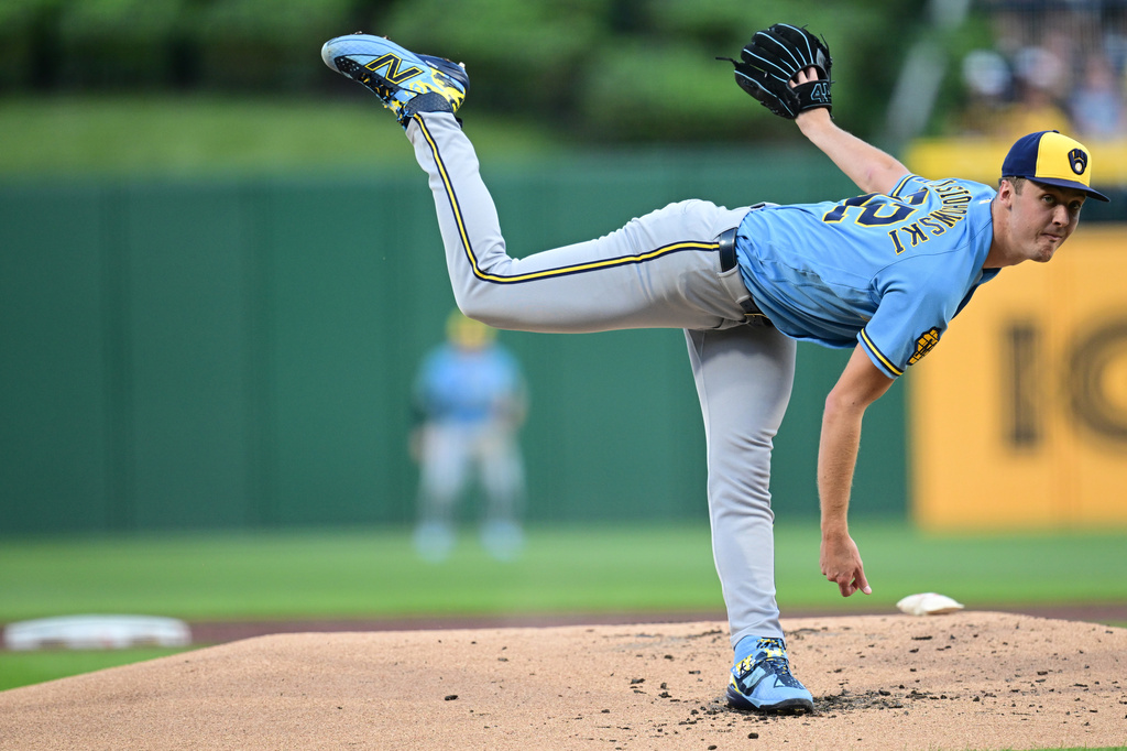 Milwaukee Brewers pitcher Jacob Misiorowski delivers during the first inning of a baseball game against the Pittsburgh Pirates, Tuesday, Sept. 15, 2026, in Pittsburgh. (AP Photo/David Dermer)