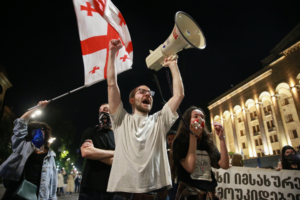 Gota Chanturia, a member of the Movement for Social Democracy, shouts as he attends an anti-government protest near the parliament building in Tbilisi, Georgia, on May 10, 2025. (AP Photo/Zurab Tsertsvadze)