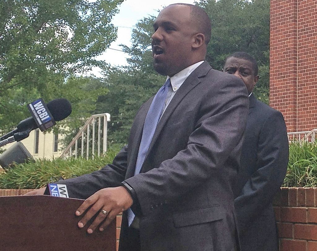 FILE - Lowndes County District Attorney Scott Colom speaks at a news conference, July 6, 2016, in Columbus, Miss. (AP Photo/Jeff Amy, File)