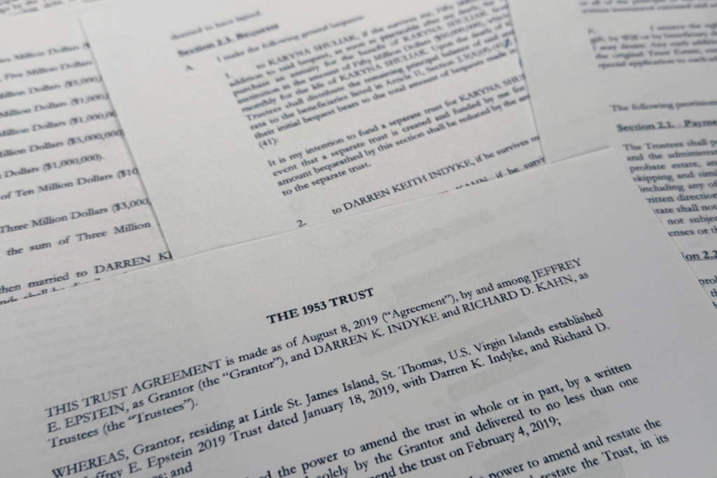 A document that was included in the U.S. Department of Justice release of the Jeffrey Epstein files, photographed Thursday, Feb. 5, 2026, shows the 1953 Trust that Epstein amended on Aug. 8, 2019. (AP Photo/Jon Elswick)