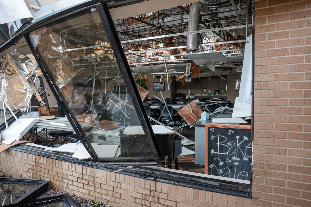 The Tulsa Tech Peoria Campus damaged by a Friday night storm is shown Saturday, March 7, 2026 in Tulsa, Okla. (Mike Simons/Tulsa World via AP)