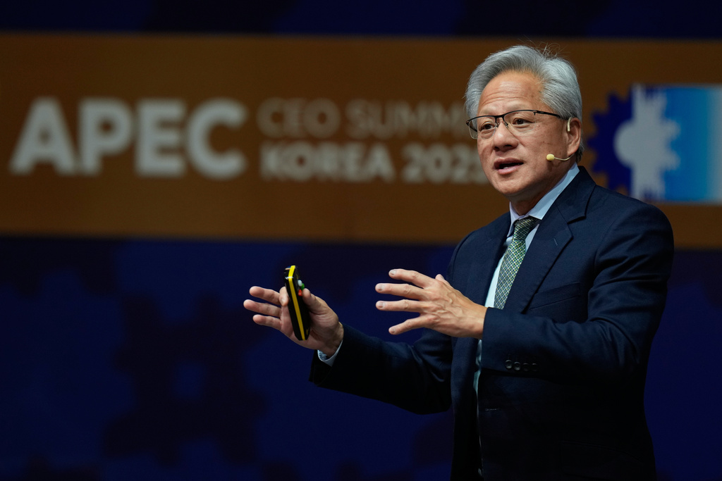 NVIDIA CEO Jensen Huang makes a keynote speech during the special session at the Asia-Pacific Economic Cooperation (APEC) CEO summit in Gyeongju, South Korea, Friday, Oct. 31, 2025. (AP Photo/Ng Han Guan)