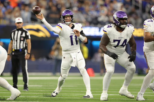 Minnesota Vikings quarterback Carson Wentz (11) passes during the second half of an NFL football game against the Los Angeles Chargers Thursday, Oct. 23, 2025, in Inglewood, Calif. (AP Photo/Jessie Alcheh) Minnesota Vikings quarterback Carson Wentz (11) passes during the second half of an NFL football game against the Los Angeles Chargers Thursday, Oct. 23, 2025, in Inglewood, Calif. (AP Photo/Jessie Alcheh)