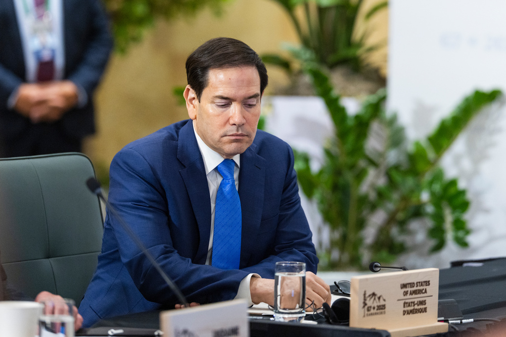U.S. Secretary of State Marco Rubio listens during a meeting on maritime security with foreign ministers during the G7 Foreign Ministers' Meeting in Niagara-on-the-Lake, Ontario, Canada, Wednesday, Nov. 12, 2025. (Nick Iwanyshyn/The Canadian Press via AP)