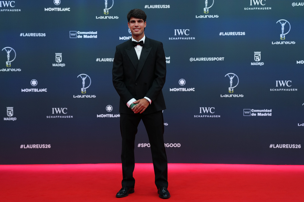 Tennis player Carlos Alcaraz poses as he arrives for the 2026 Laureus World Sports Awards ceremony in Madrid, Spain, Monday, April 20, 2026. (AP Photo/Manu Fernandez)