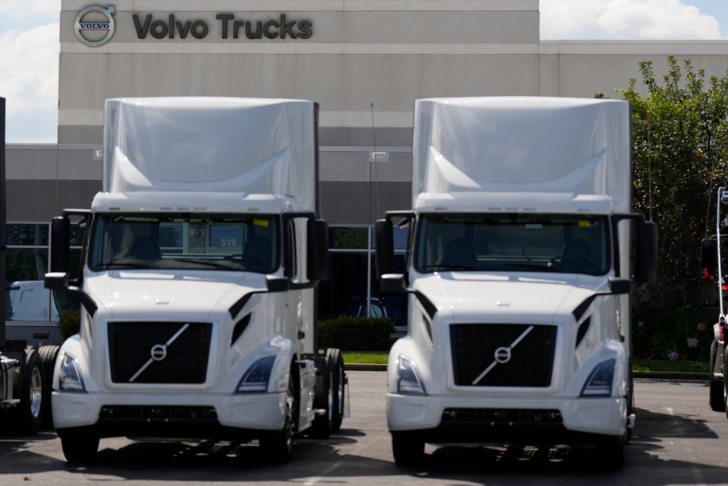 Volvo trucks are seen at a dealership Friday, Sept. 26, 2025, in LaVergne, Tenn. (AP Photo/George Walker IV)