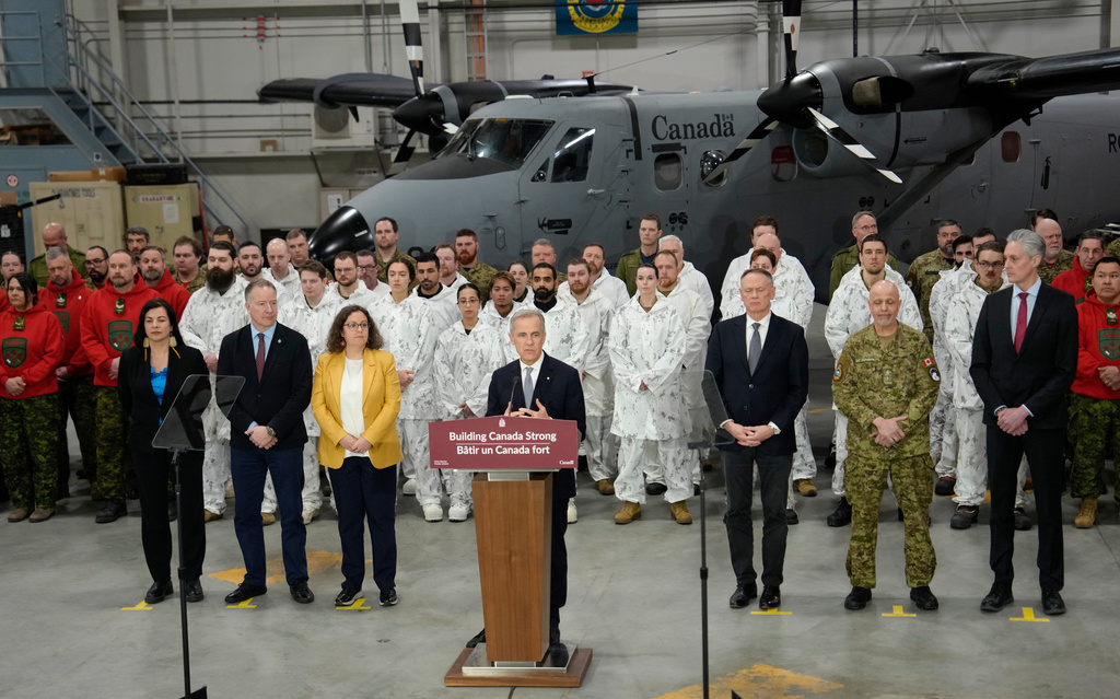 Canada's Prime Minister Mark Carney speaks during an announcement to defend and transform Canada's Northern and Arctic regions, in Yellowknife, Northwest Territories, Thursday, March 12, 2026. (Adrian Wyld/The Canadian Press via AP)