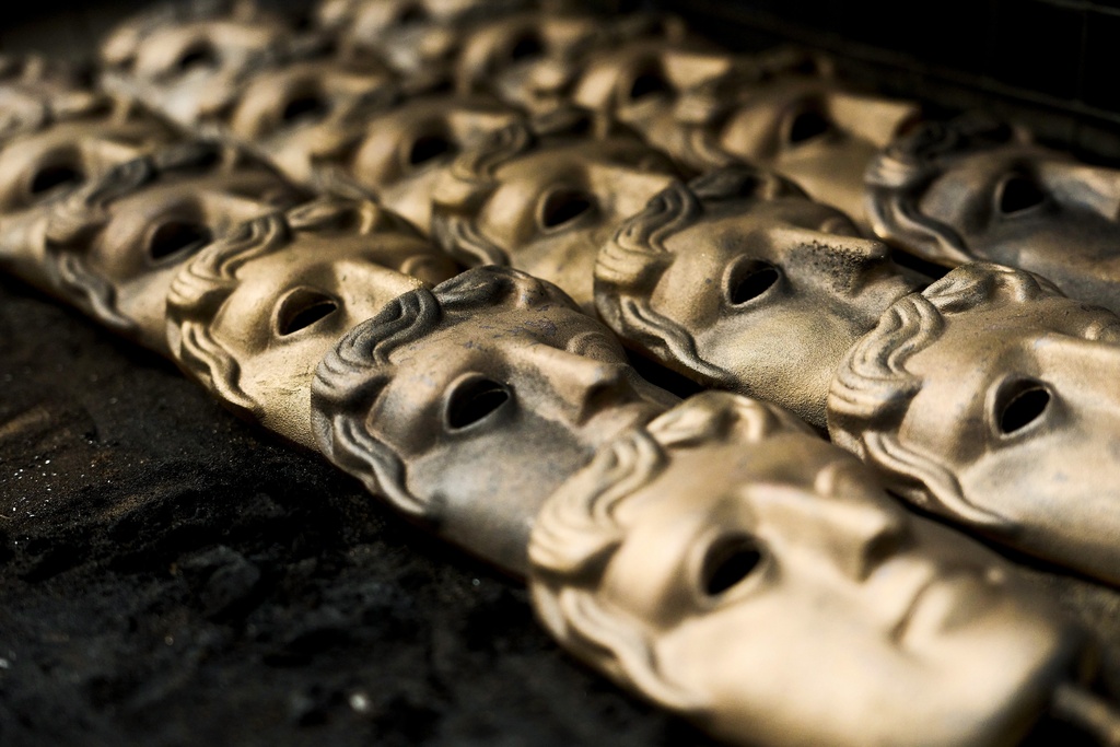 Completed British Academy Film Awards masks at the FSE Foundry in Braintree, England on Tuesday, Feb. 10, 2026. (Scott A Garfitt/Invision/AP)